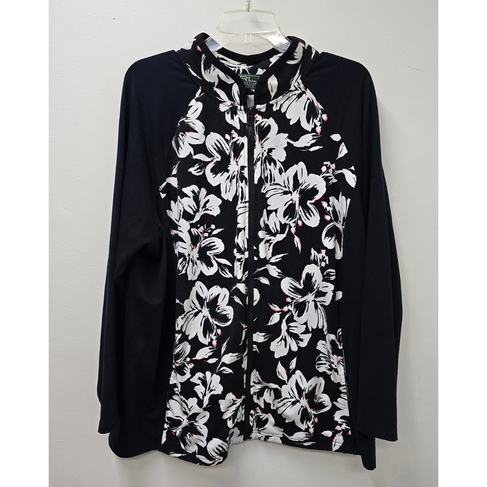 Lauren Active Ralph Lauren Floral Zip Up Jacket Black White Pink 3X Plus Size